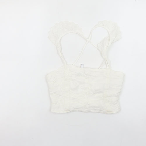 Stradivarius Women’s White Camisole Tank Top Size L Ruffle Strap Stretch