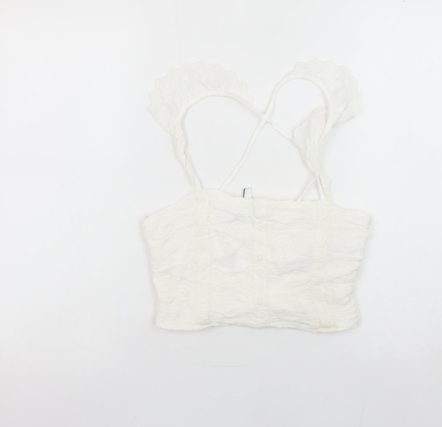 Stradivarius Women’s White Camisole Tank Top Size L Ruffle Strap Stretch