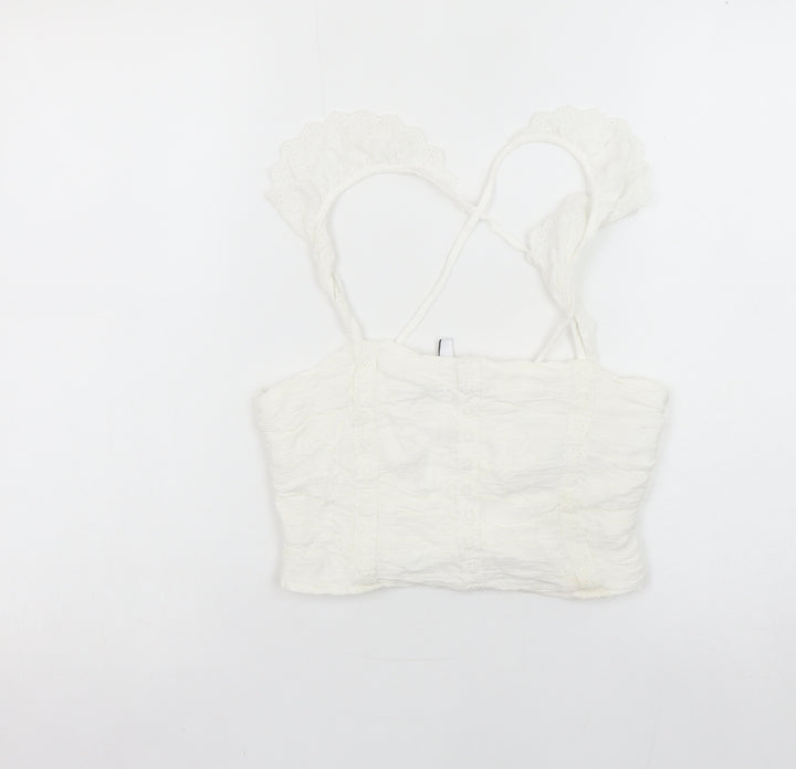 Stradivarius Women’s White Camisole Tank Top Size L Ruffle Strap Stretch