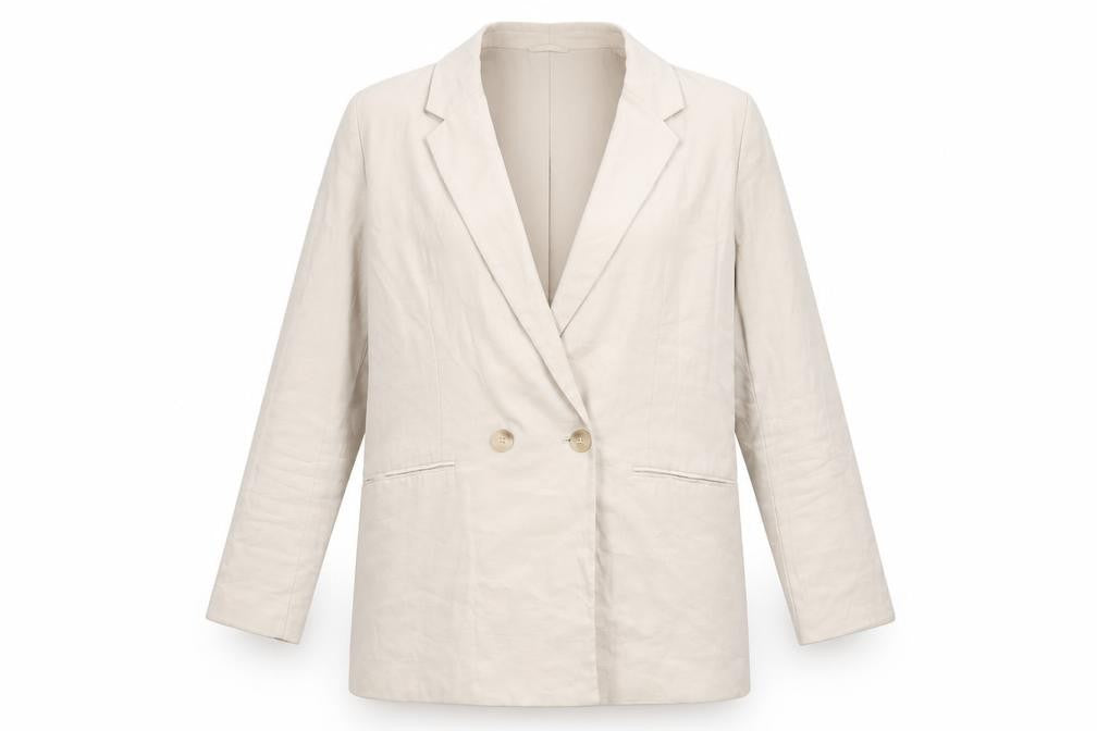 Front view of H&M women’s beige double-breasted blazer jacket, size M, regular fit