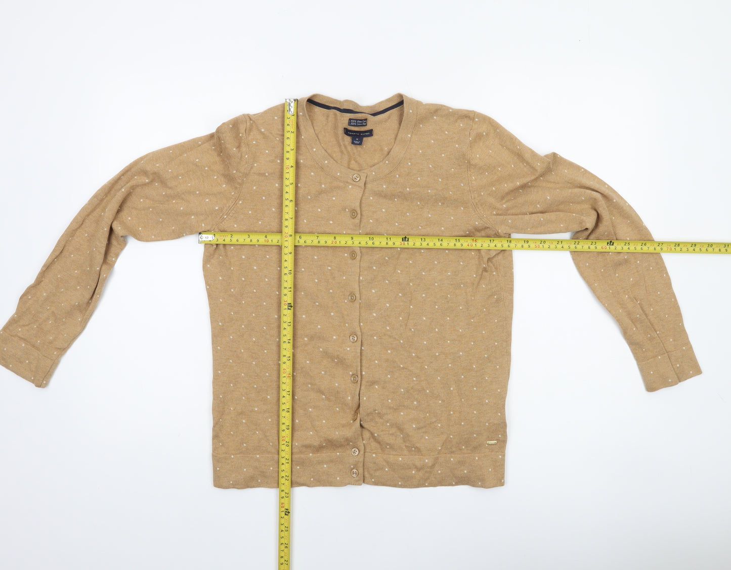 Tommy Hilfiger Women Beige Cardigan M 100% Cotton Polka Dot Knit