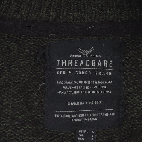 Threadbare Men’s Green Wool Blend Henley Jumper Size S Long Sleeve