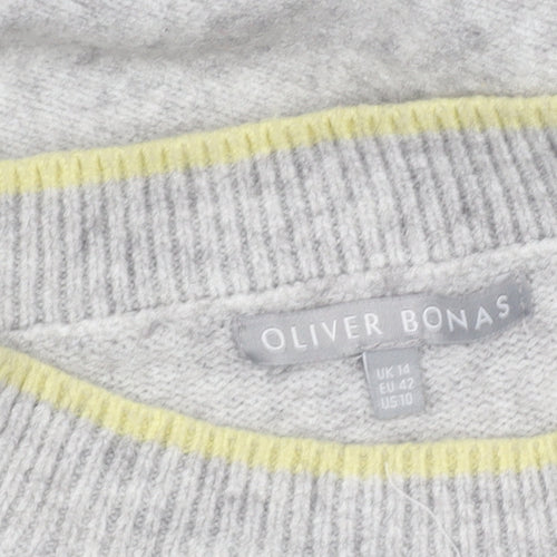 Oliver Bonas Women’s Grey Wool Blend Crew Neck Floral Jumper Size 14