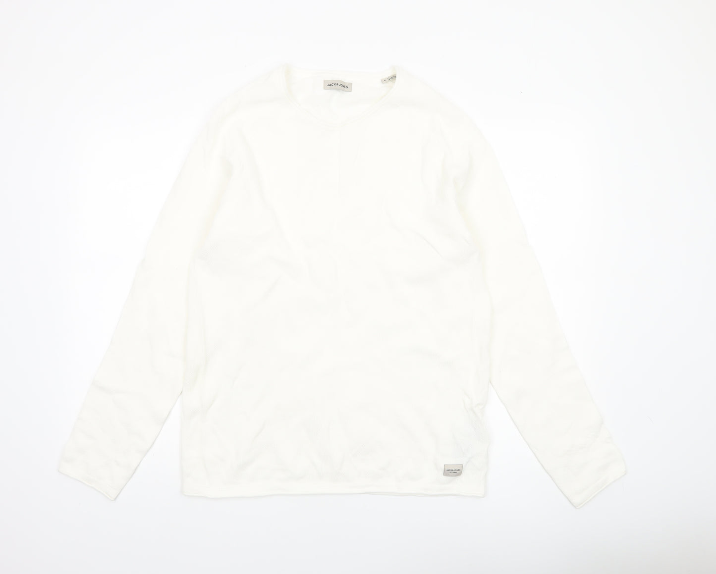 Jack & Jones Men's White Long Sleeve Regular Fit Cotton Top L
