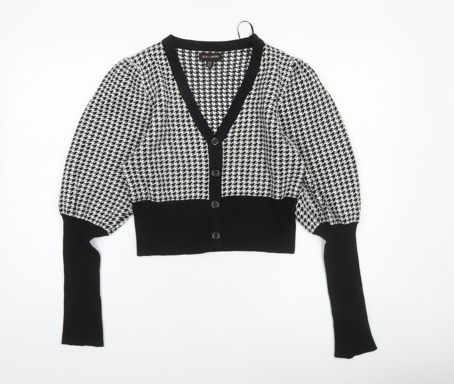 QED London Womens Black Houndstooth V-Neck Cardigan Size M