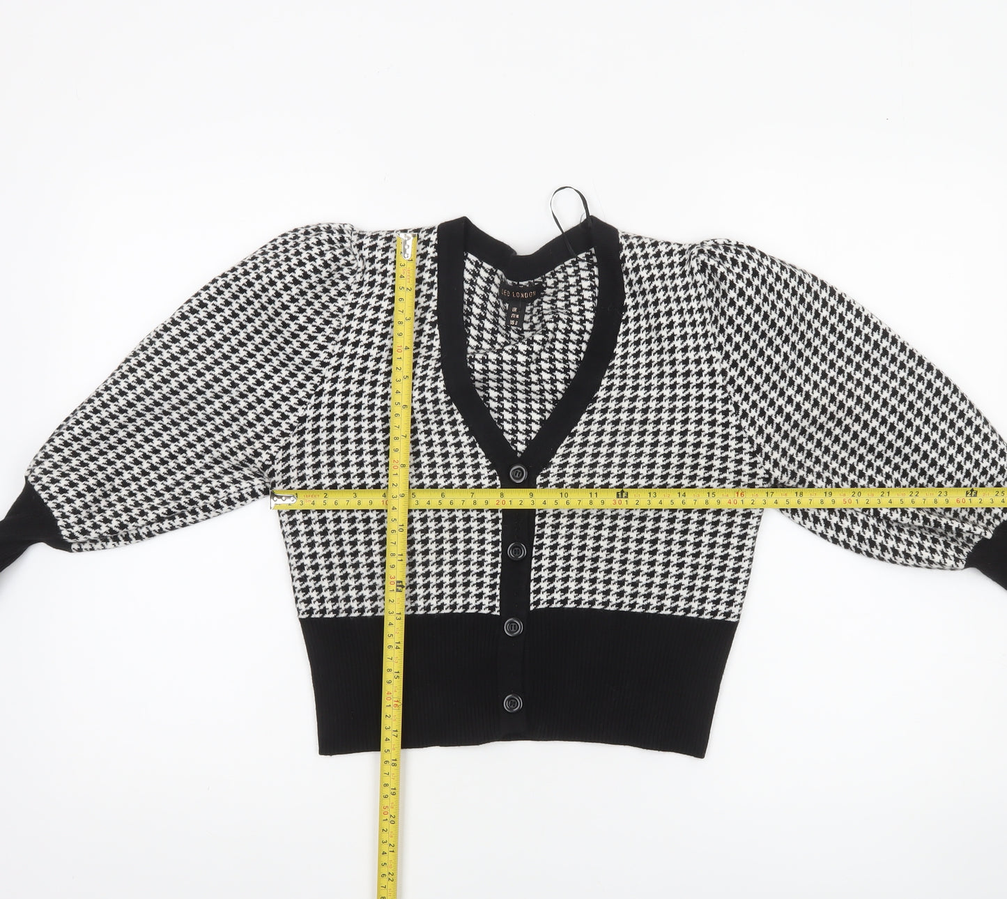 QED London Womens Black Houndstooth V-Neck Cardigan Size M