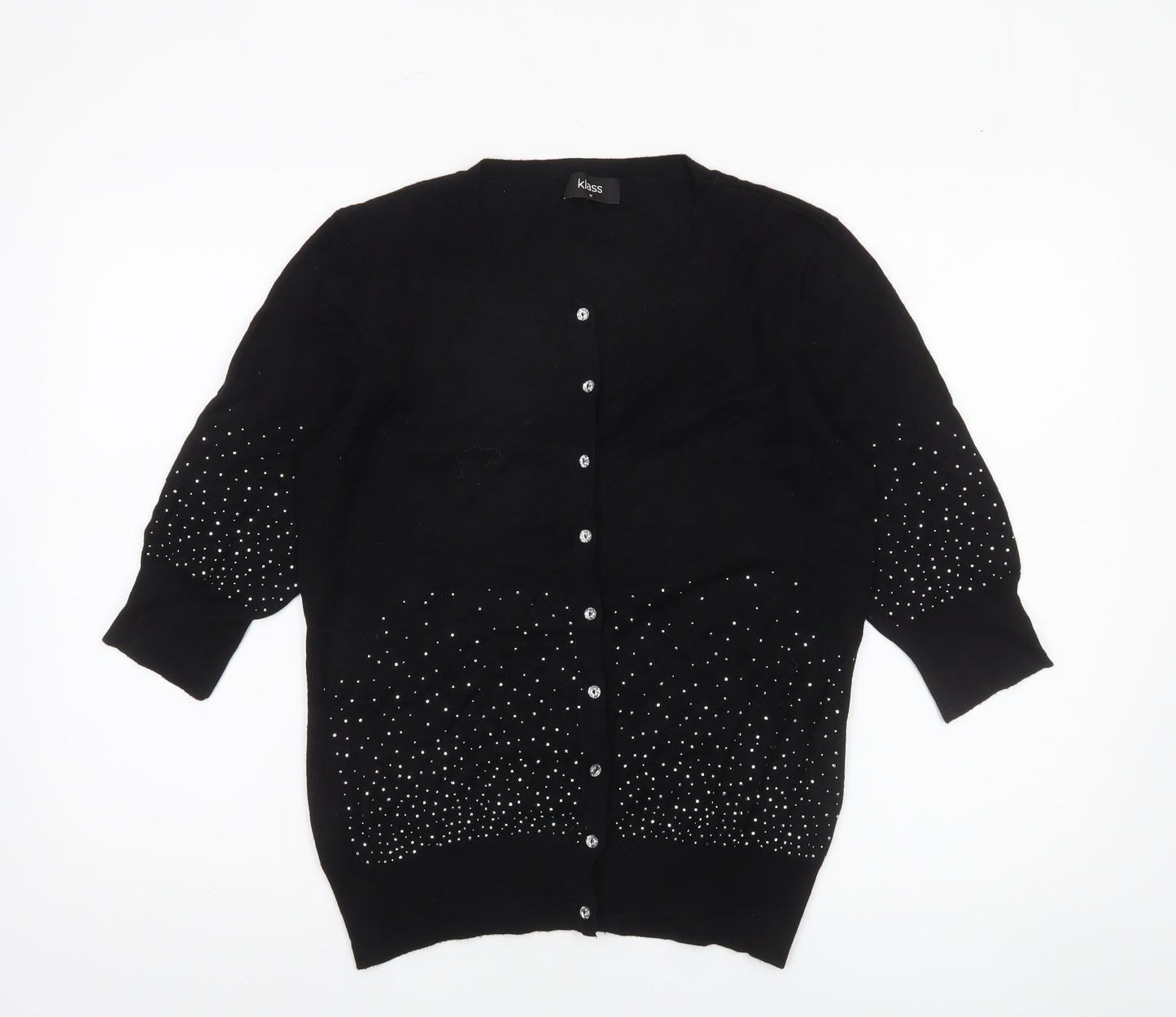 Klass Women’s Black Beaded Cardigan Medium Viscose Knit 3/4 Sleeve