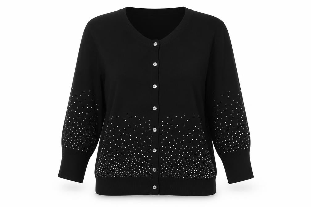 Klass Women’s Black Beaded Cardigan Medium Viscose Knit 3/4 Sleeve