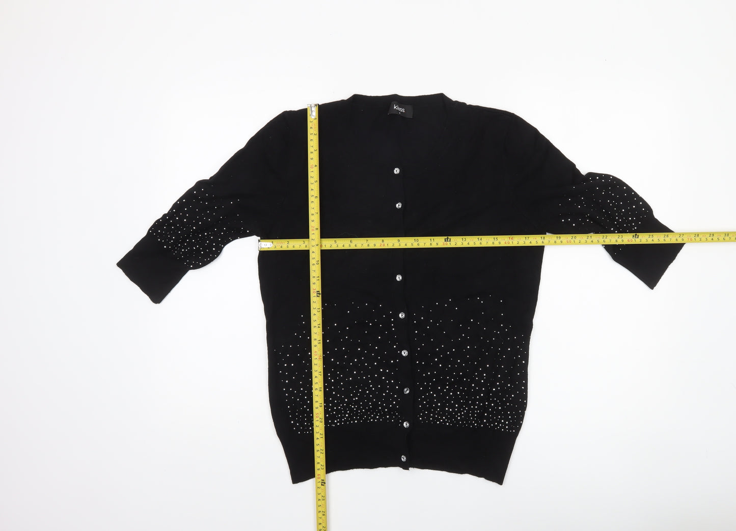 Klass Women’s Black Beaded Cardigan Medium Viscose Knit 3/4 Sleeve