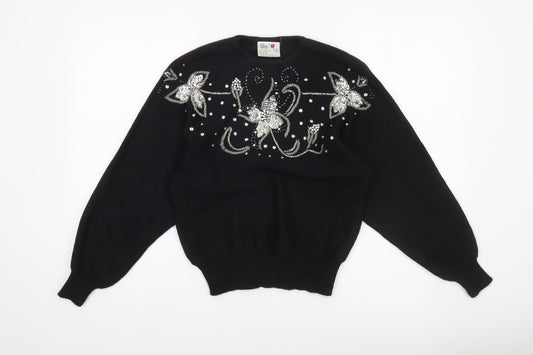 Poppy Women’s Black Beaded Floral Knit Vintage Pullover Jumper Size 10