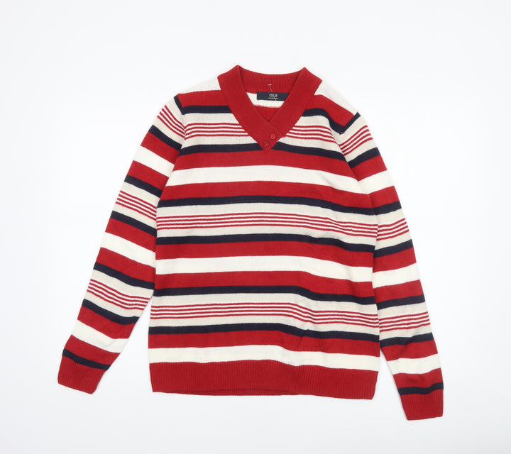 Isle Essentials Women’s Red Striped V-Neck Jumper Size S 10-12