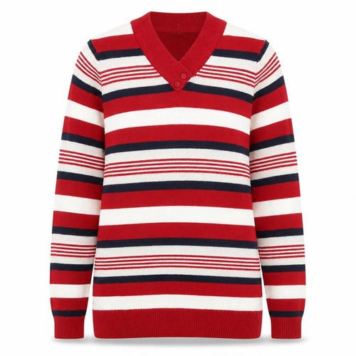 Isle Essentials Women’s Red Striped V-Neck Jumper Size S 10-12