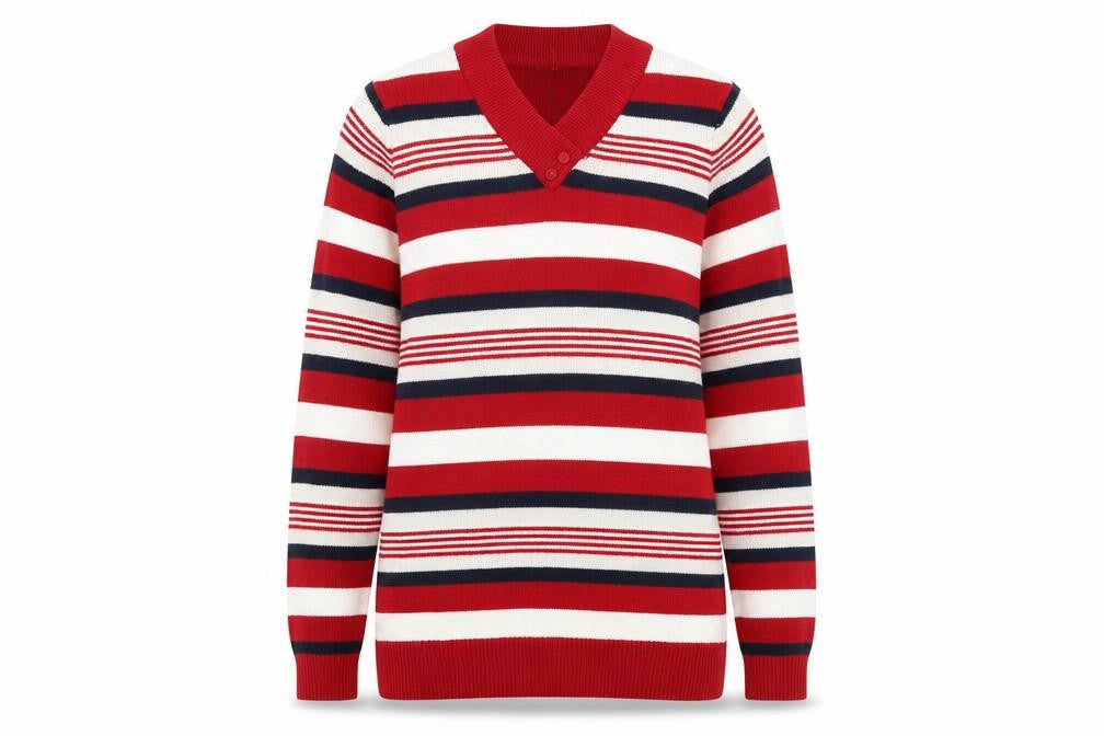 Isle Essentials Women’s Red Striped V-Neck Jumper Size S 10-12