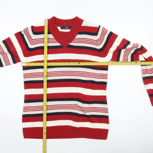 Isle Essentials Women’s Red Striped V-Neck Jumper Size S 10-12