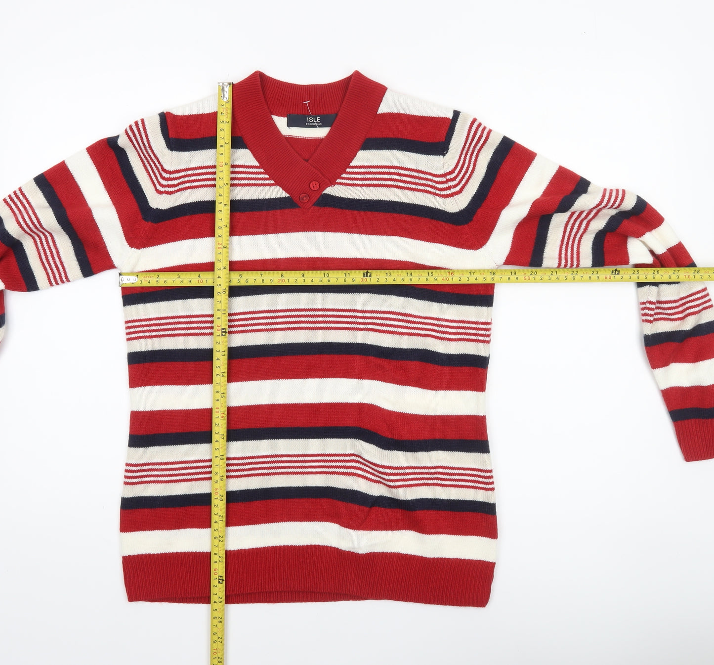 Isle Essentials Women’s Red Striped V-Neck Jumper Size S 10-12