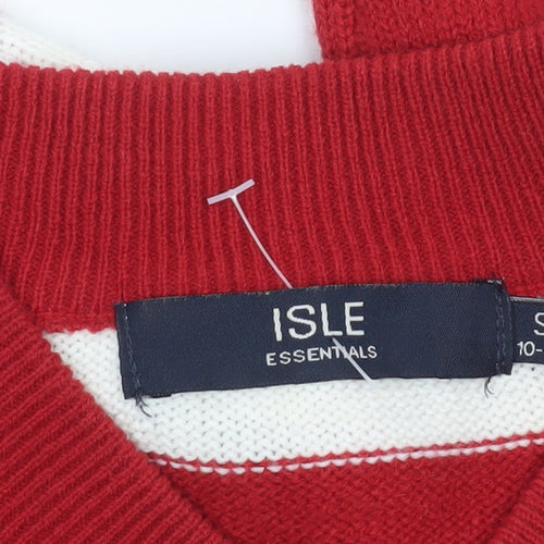 Isle Essentials Women’s Red Striped V-Neck Jumper Size S 10-12