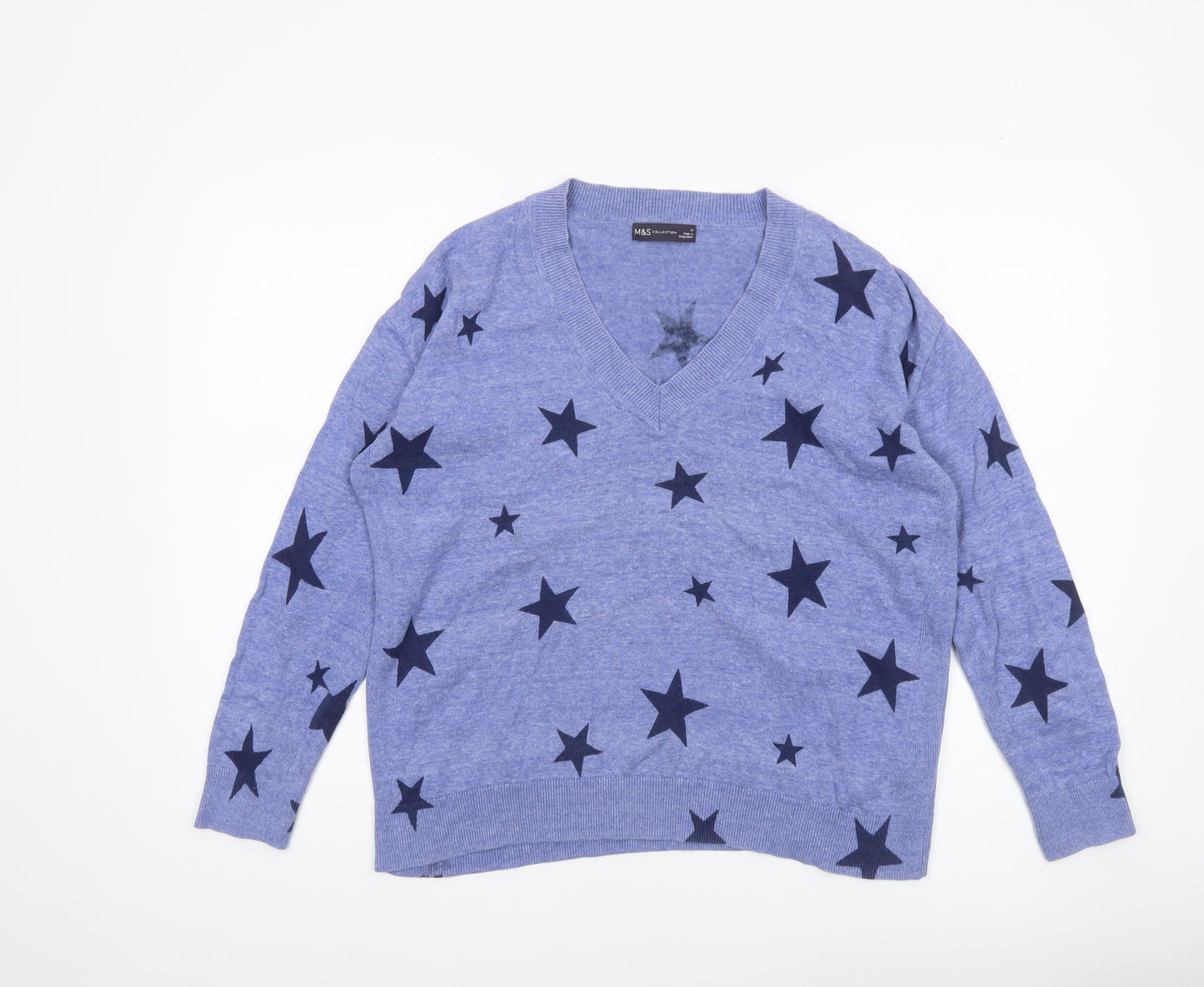 Marks and Spencer Women's Blue Star V-Neck Knit Jumper M