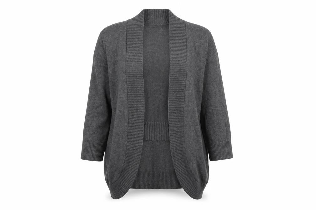 Front view of 8th & Madison Women's Grey Knit Open Cardigan M 3/4 Sleeve