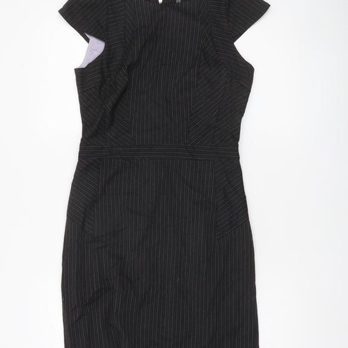 Warehouse Women Black Pinstripe Sheath Dress UK 10 Short Sleeve Workwear
