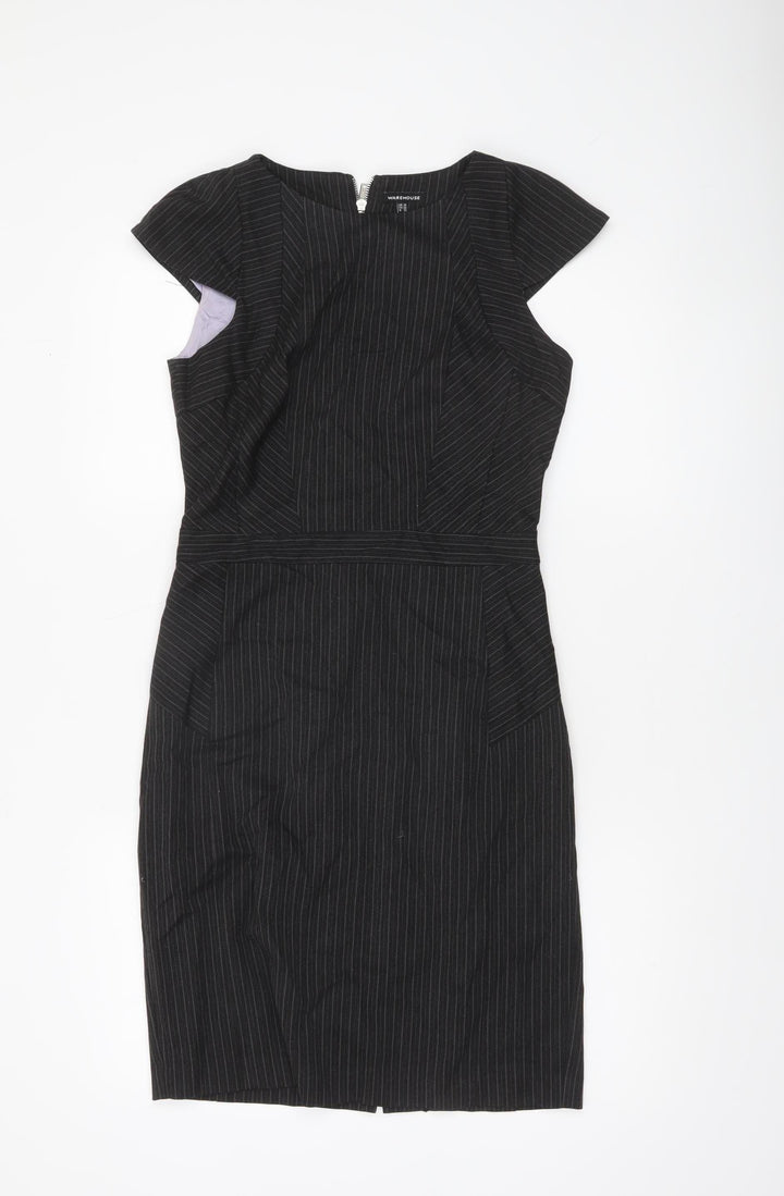 Warehouse Women Black Pinstripe Sheath Dress UK 10 Short Sleeve Workwear