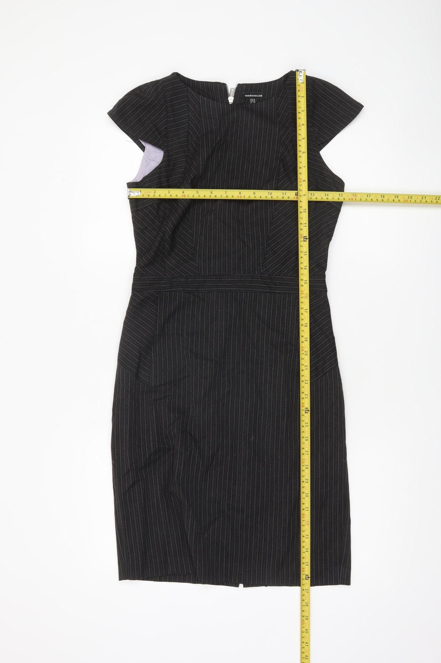 Warehouse Women Black Pinstripe Sheath Dress UK 10 Short Sleeve Workwear