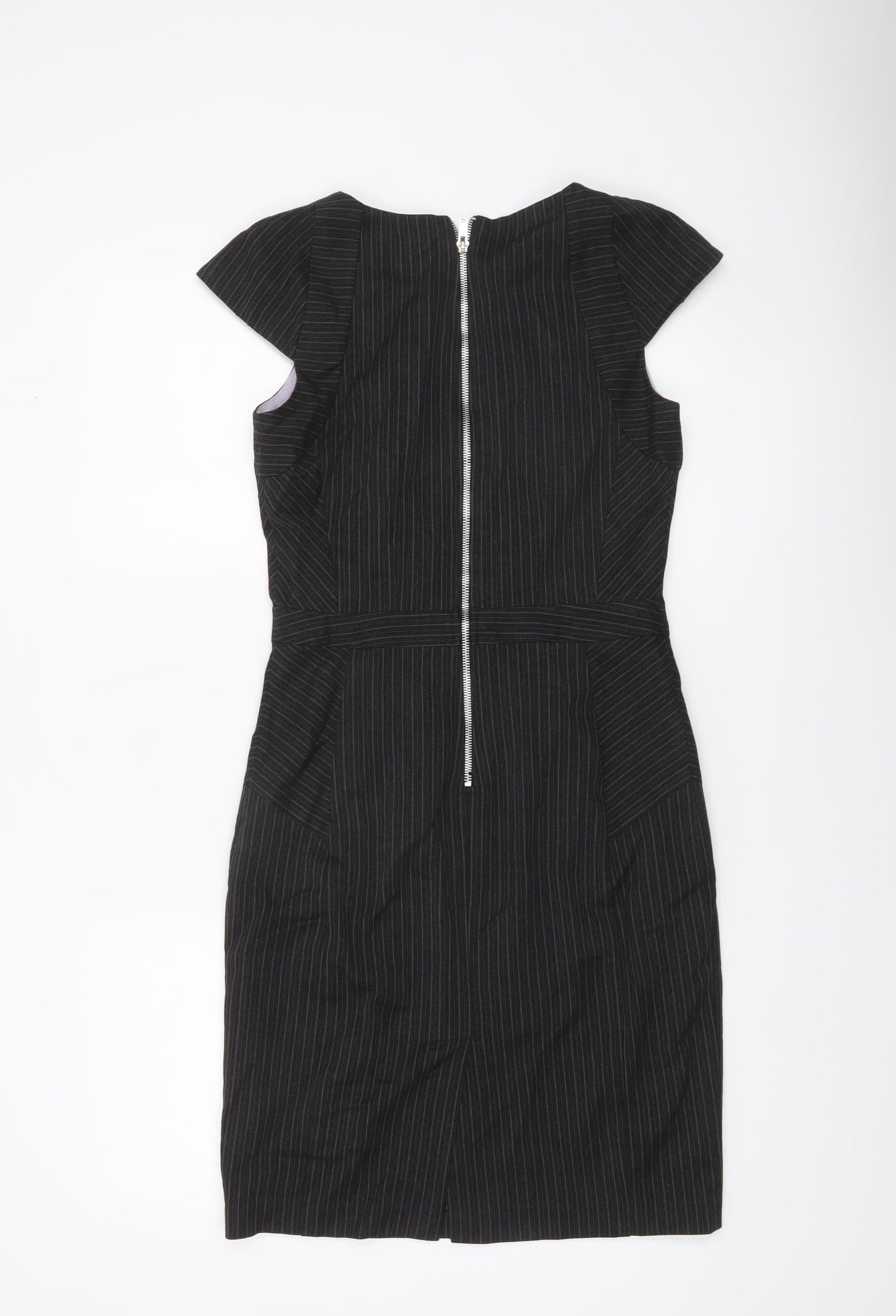 Warehouse Women Black Pinstripe Sheath Dress UK 10 Short Sleeve Workwear