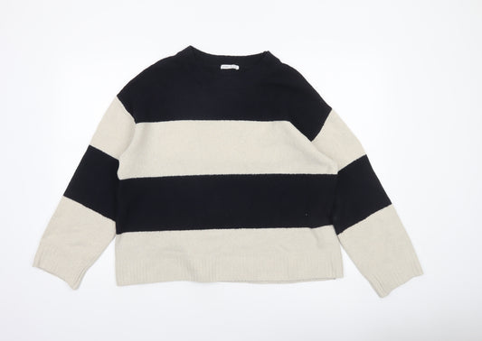 Oysho Women’s Black Beige Striped Knit Pullover Jumper Size 12