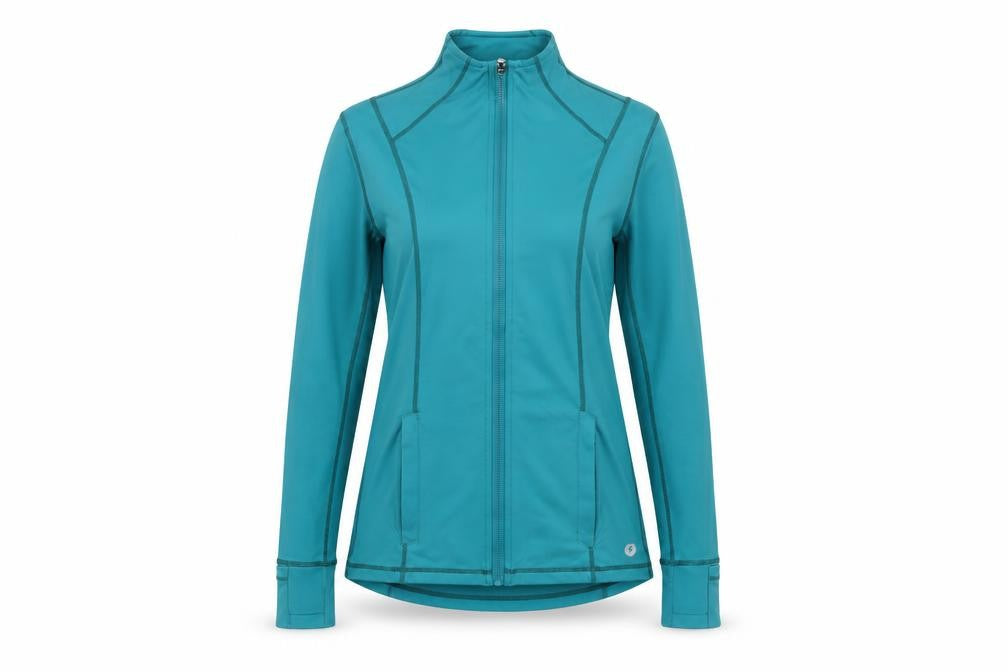 Front view of Powercut Women's Blue Slim Fit Track Jacket, size 12, Full Zip Activewear