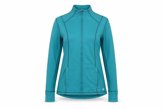 Front view of Powercut Women's Blue Slim Fit Track Jacket, size 12, Full Zip Activewear