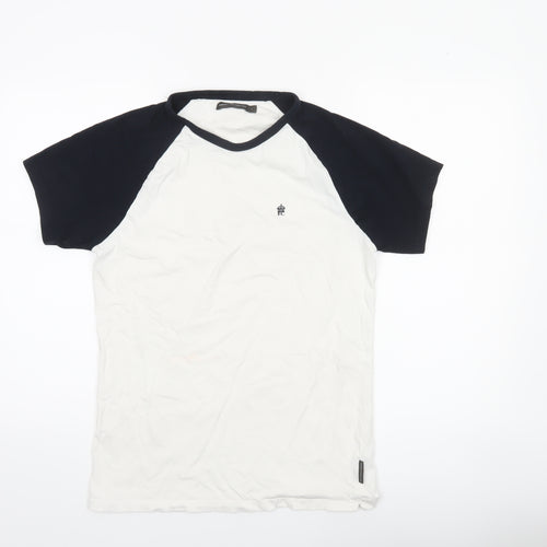 French Connection Men’s White Navy Colourblock Crew Neck T-Shirt Size L