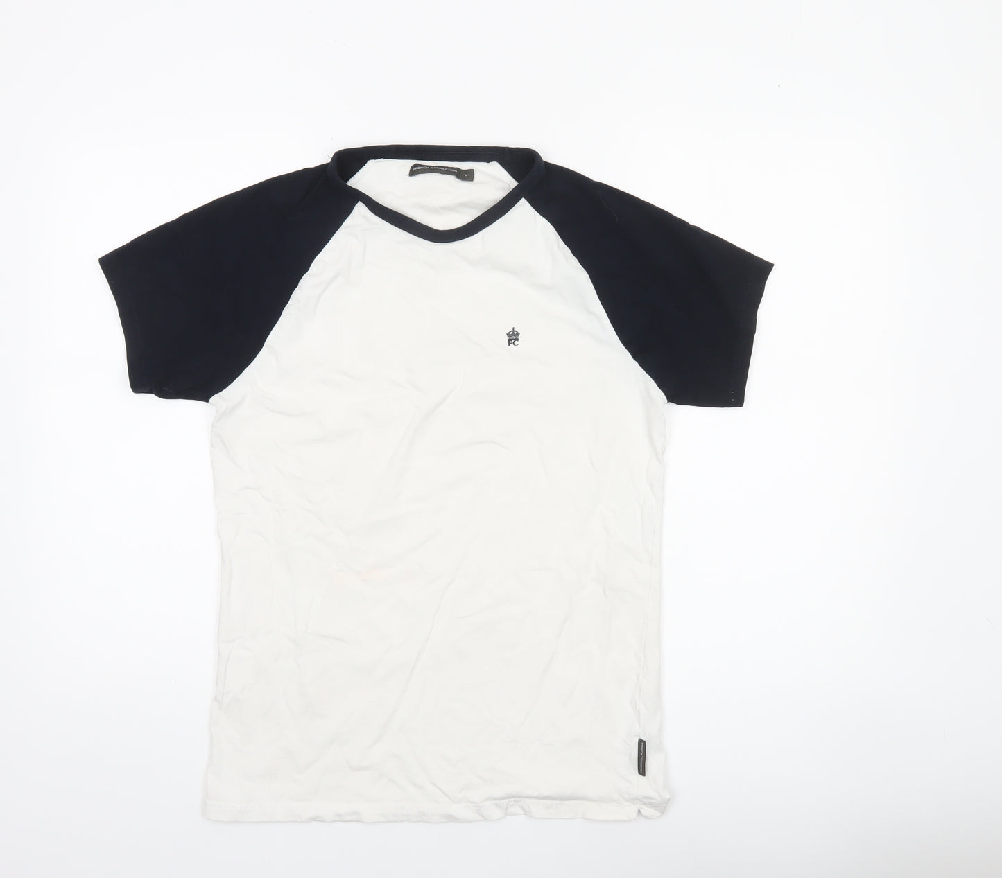 French Connection Men’s White Navy Colourblock Crew Neck T-Shirt Size L