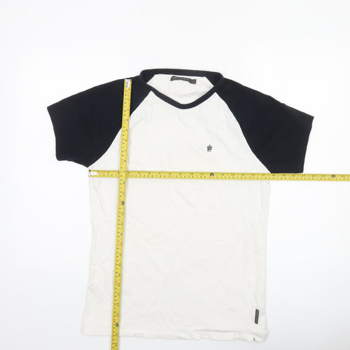French Connection Men’s White Navy Colourblock Crew Neck T-Shirt Size L