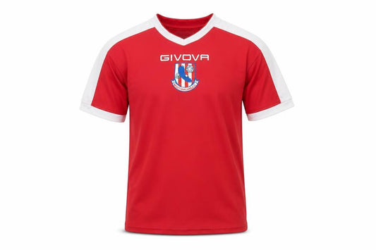 Front view of Givova boys’ red short sleeve football jersey t-shirt 2xs polyester athletic fit