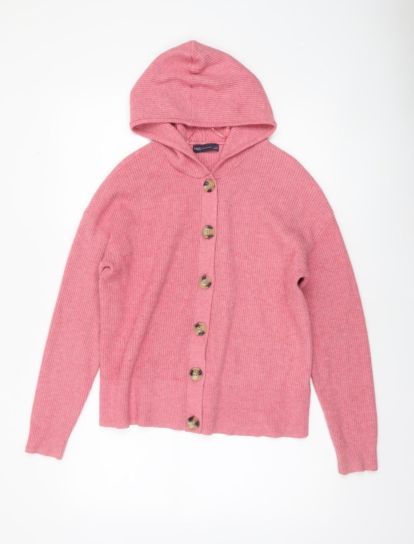 Marks and Spencer Womens Pink Hooded Button Cardigan L Knit