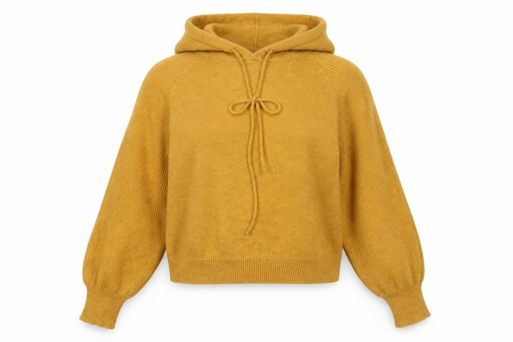 Front view of Attrattivo Women's Yellow Hooded Knit jumper, size S