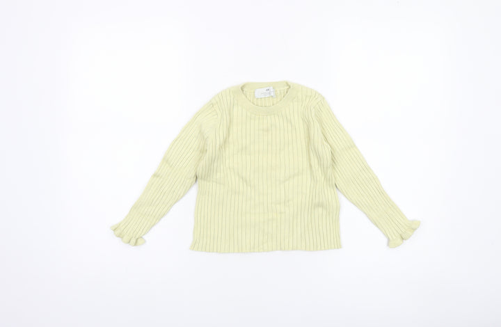 H&M Girls Yellow Ribbed Pullover Jumper UK 2-4 Years Viscose Blend Crew Neck