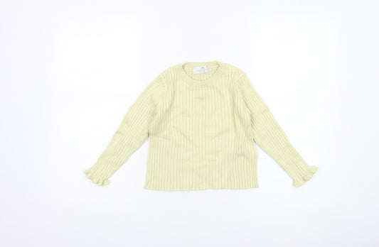 Front view of H&M girls’ yellow ribbed jumper uk 2-4 years viscose blend crew neck