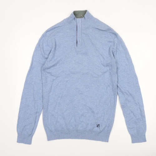 White Stuff Men’s Blue 1/4 Zip Cotton Cashmere Jumper Small