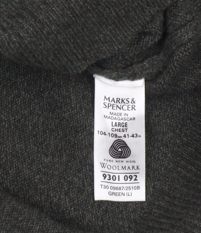 Marks and Spencer Men's Green Lambswool V-Neck Jumper Size L
