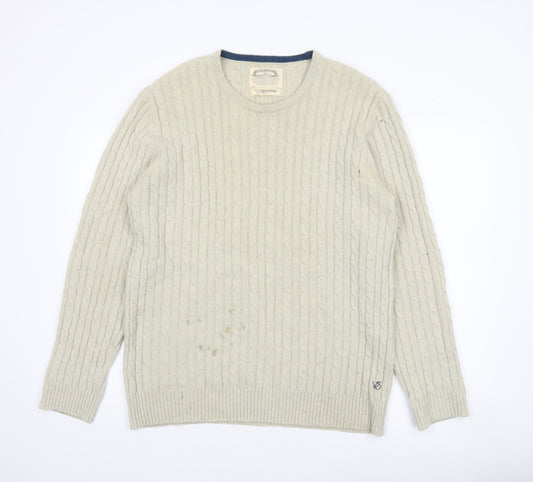 White Stuff Men's Beige Lambswool Cable-Knit Jumper Size L
