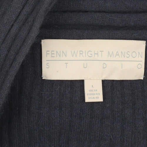 Fenn Wright Manson Women Black L Open Front Rib Knit Angora Cardigan