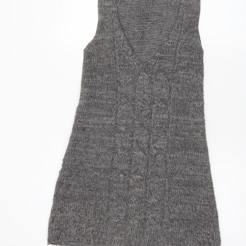 QED London Women’s Grey Cable-Knit Sleeveless V-Neck Jumper Dress Size 8
