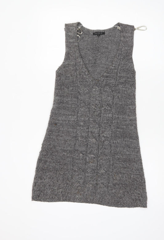 QED London Women’s Grey Cable-Knit Sleeveless V-Neck Jumper Dress Size 8