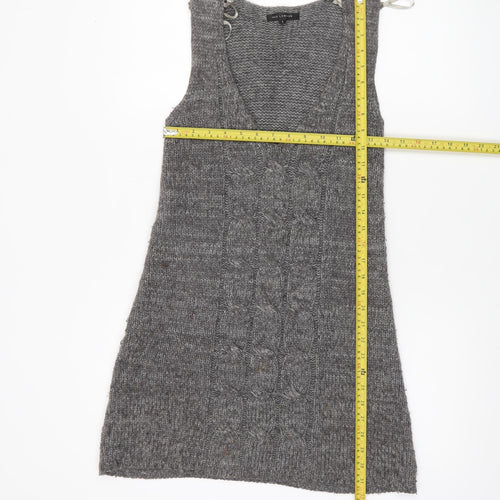 QED London Women’s Grey Cable-Knit Sleeveless V-Neck Jumper Dress Size 8