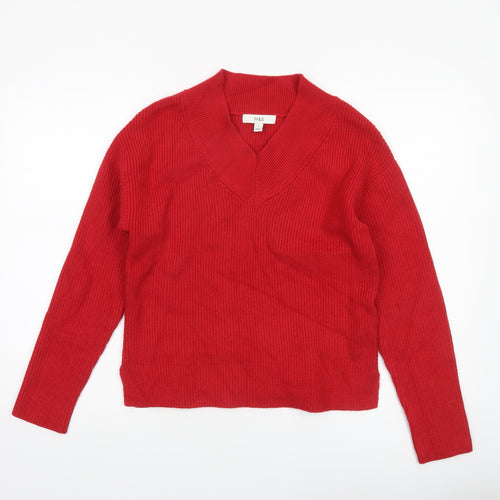 Marks and Spencer Women's Red V-Neck Ribbed Knit Jumper Size S