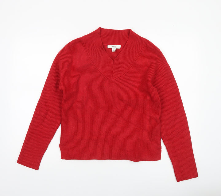 Marks and Spencer Women's Red V-Neck Ribbed Knit Jumper Size S