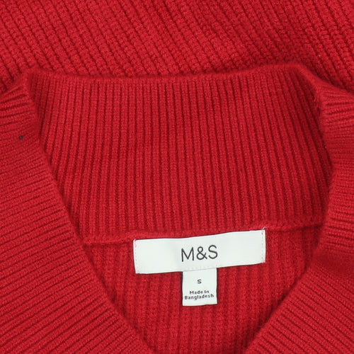 Marks and Spencer Women's Red V-Neck Ribbed Knit Jumper Size S