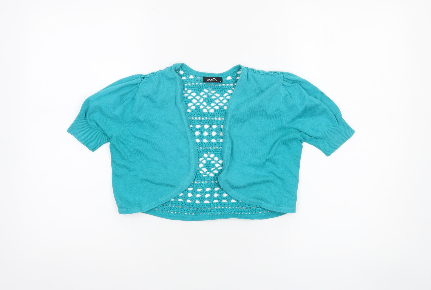 M&Co Women’s Blue Crochet Open Short Sleeve Cardigan M