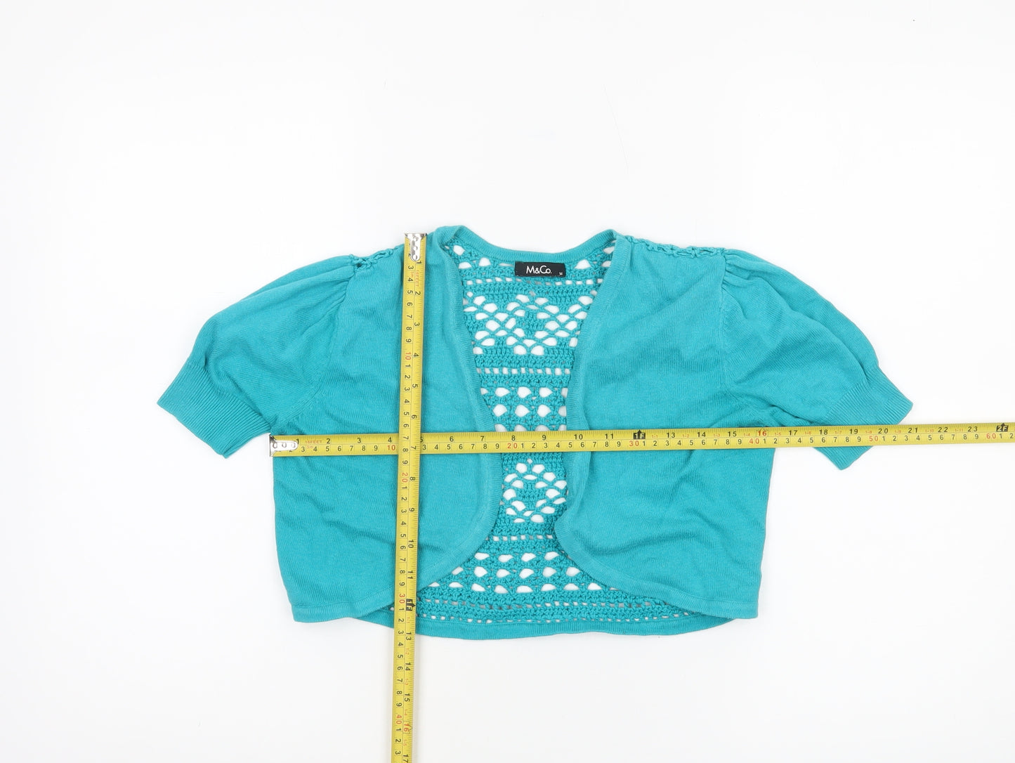 M&Co Women’s Blue Crochet Open Short Sleeve Cardigan M