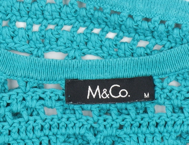 M&Co Women’s Blue Crochet Open Short Sleeve Cardigan M